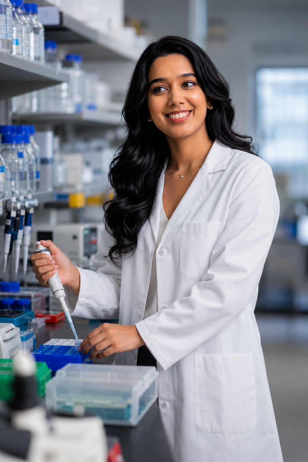 Kavya Prakash performing laboratory research in a molecular biology laboratory